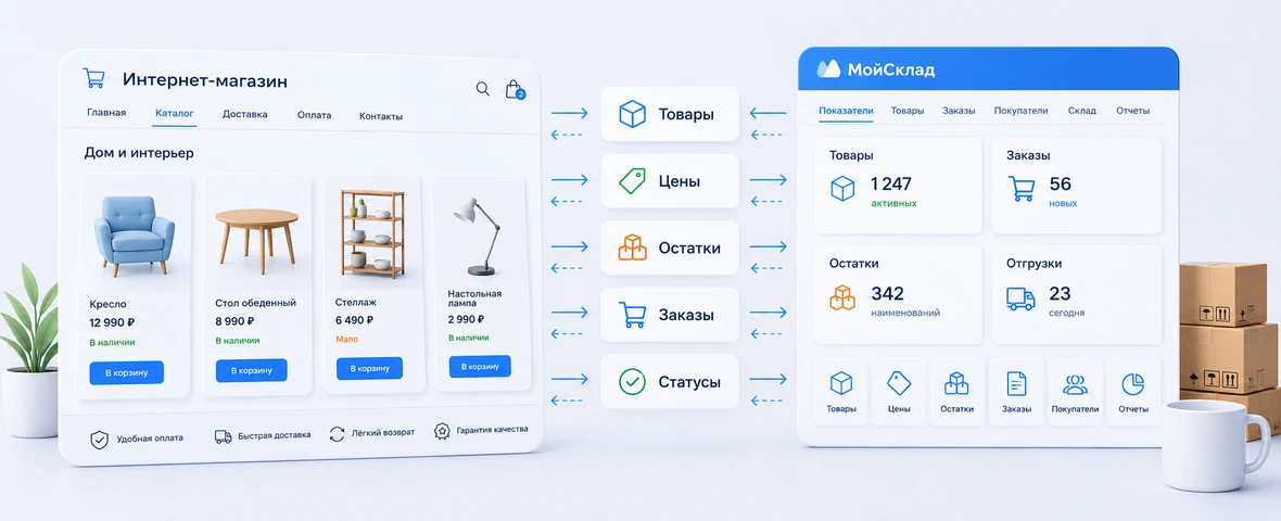 Data exchange scheme between the site and MoySklad: products, prices, stock levels, orders and statuses