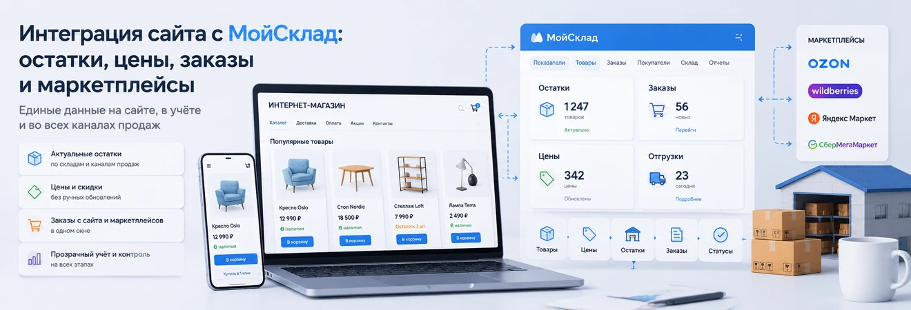 Website integration with MoySklad for stock prices orders and marketplaces