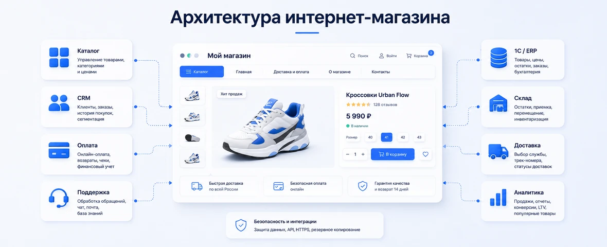 Architecture of an online store on 1C-Bitrix: catalogue, 1C, CRM, warehouse, payment, delivery, analytics and support