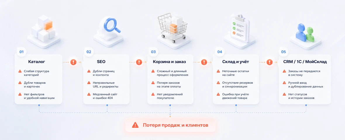 Online store error map: catalog, SEO, shopping cart, warehouse, CRM and analytics