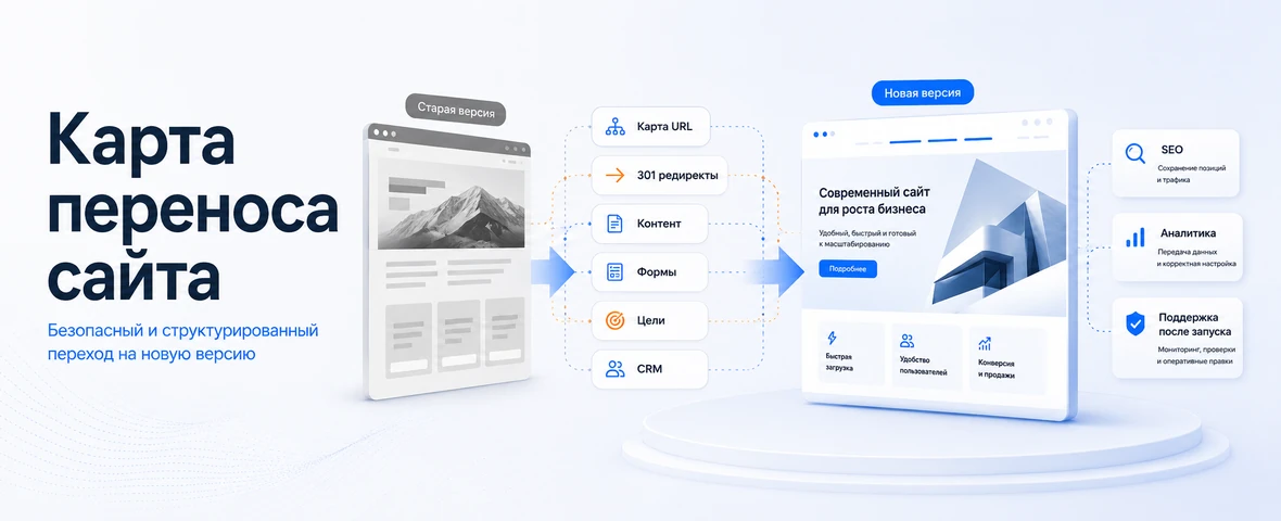 Site transfer scheme during redesign: old version, URL map, redirects, new version, forms, analytics, CRM and support