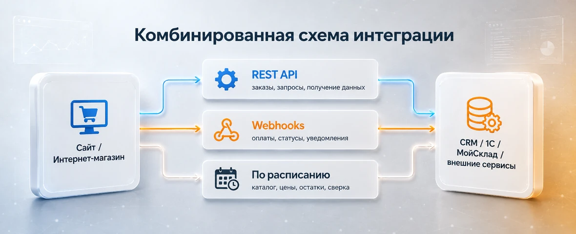 Комбинированная схема интеграции сайта через REST API, webhooks и обмен по расписанию