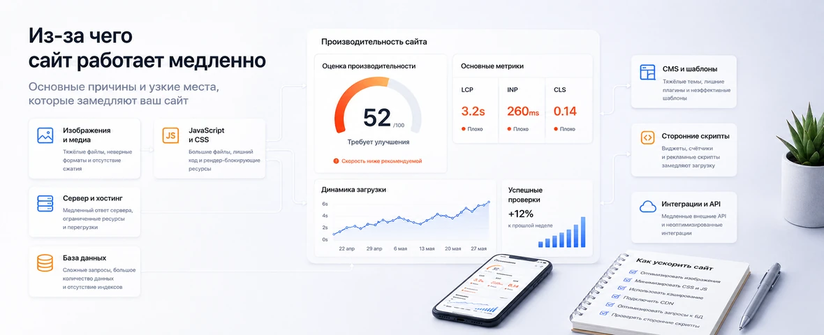 Reasons for slow loading of the site: images, JavaScript, CSS, server, database, CMS and API integrations