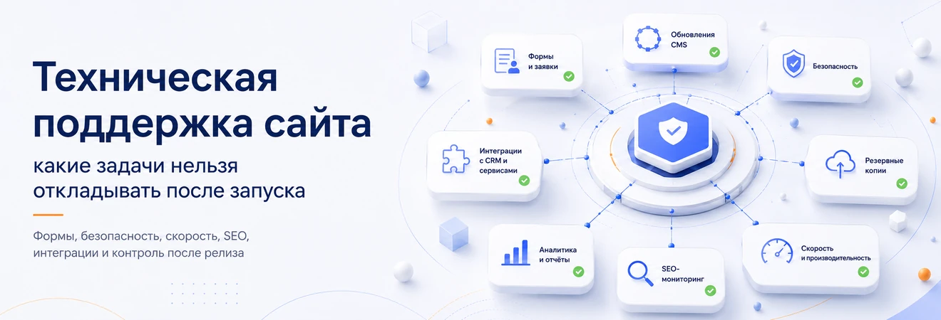 Техническая поддержка сайта после запуска: формы, безопасность, скорость, SEO, интеграции и аналитика
